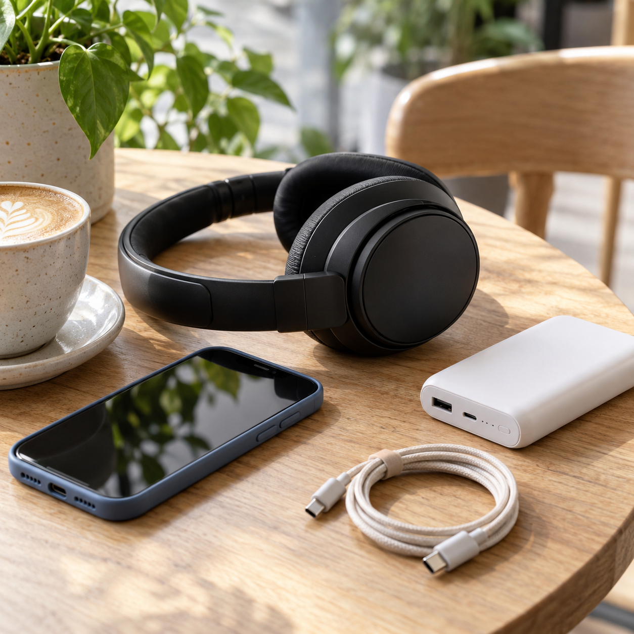 Headphones, smartphone and power bank on a cafe table