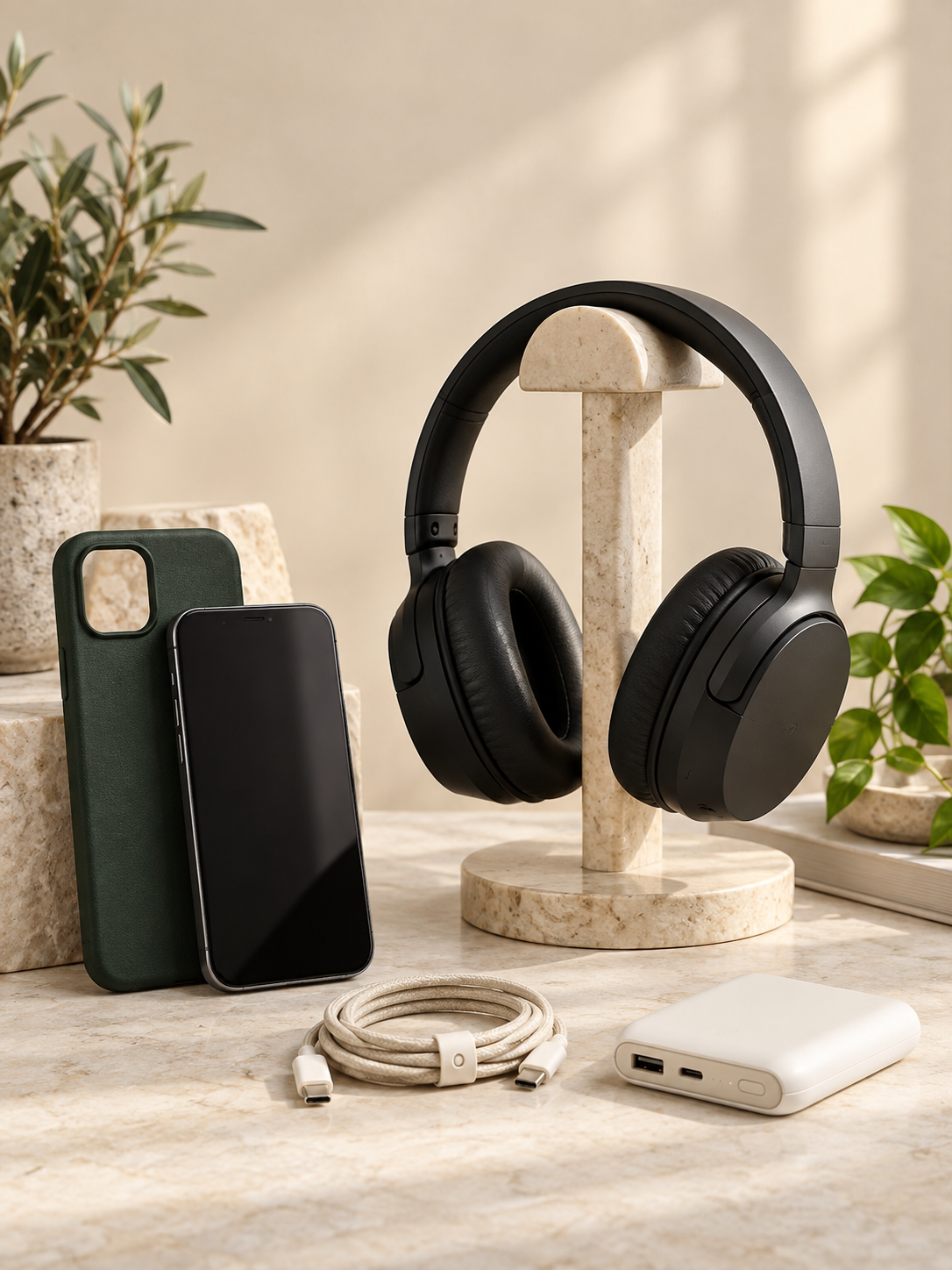 Black headphones with phone accessories