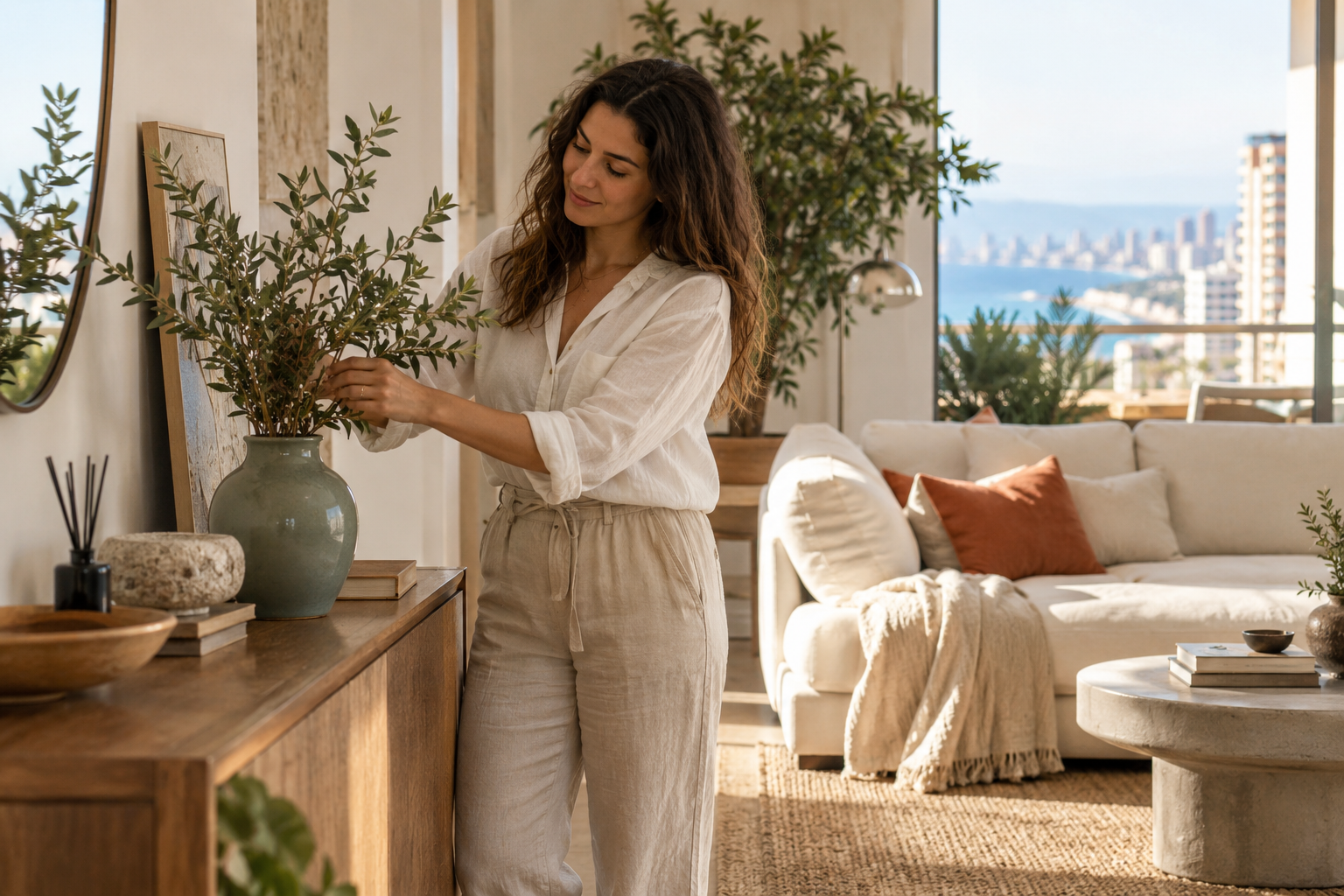 Woman arranging branches in a vase in a sunlit apartment