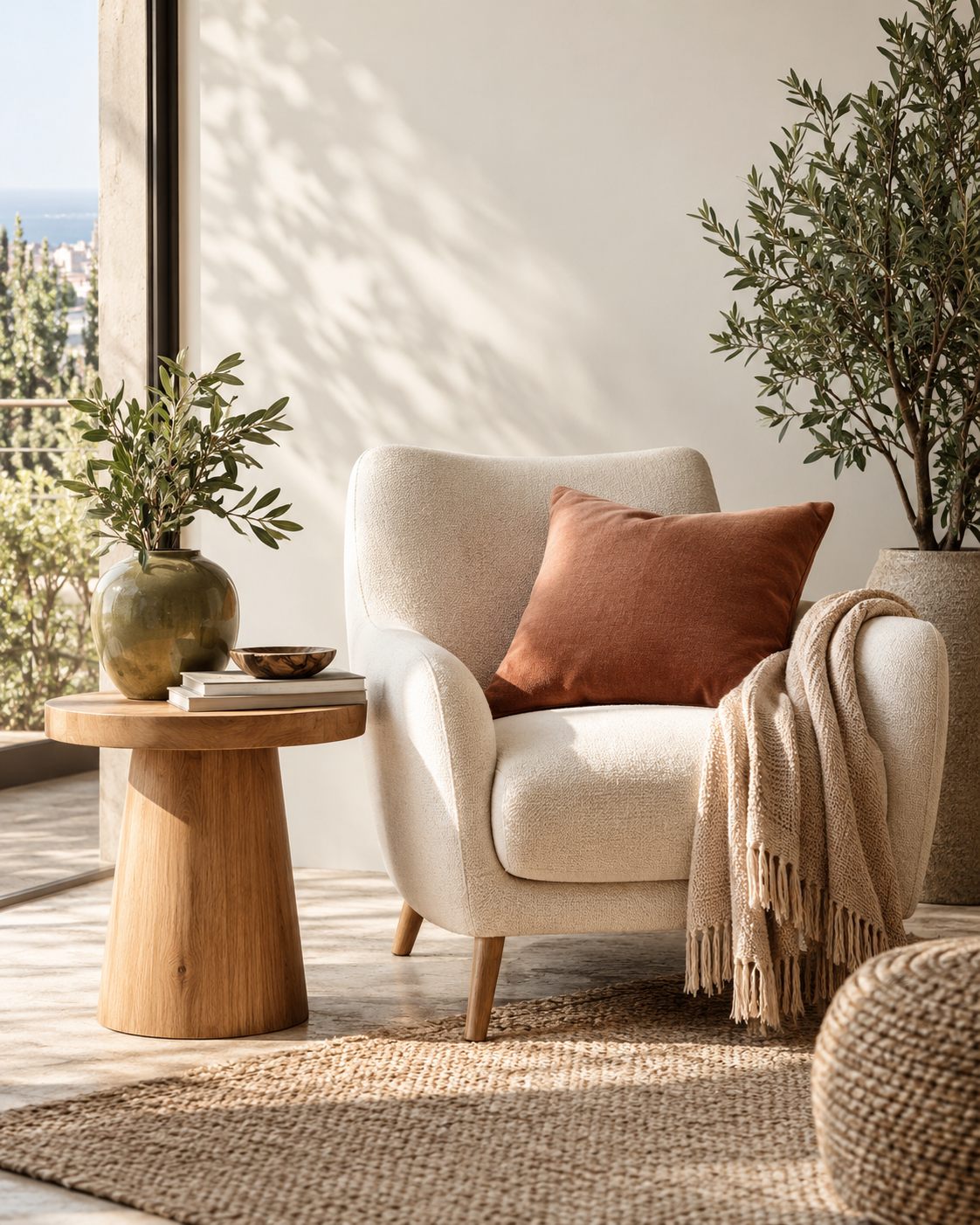 Cream armchair with terracotta cushion and green vase