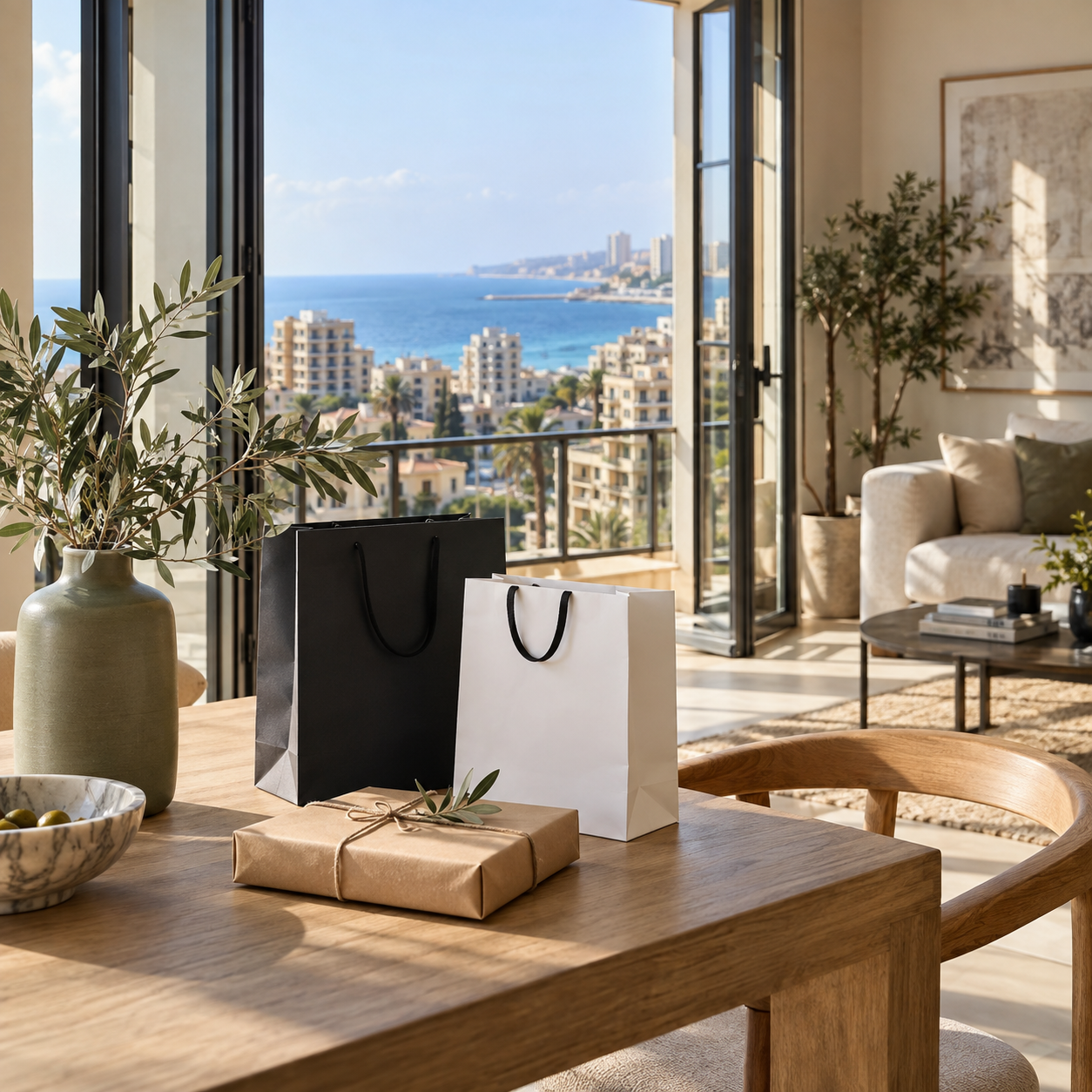 Shopping bags and a parcel in a Mediterranean coastal interior