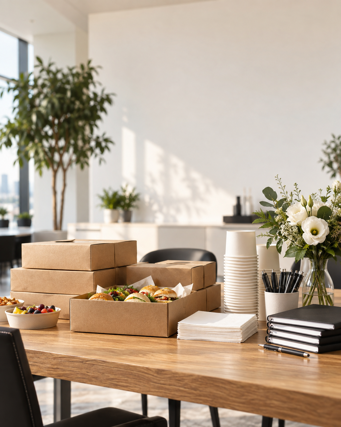 Catering boxes, paper cups and stationery on an office table