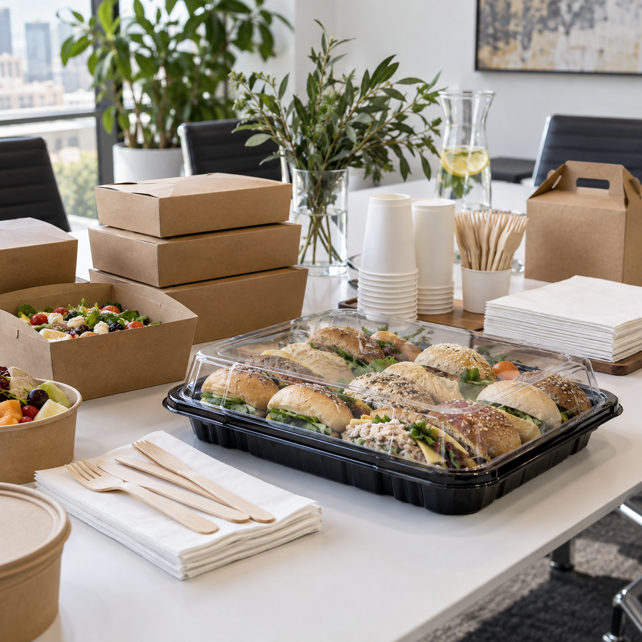 Sandwich tray, food boxes, paper cups and napkins