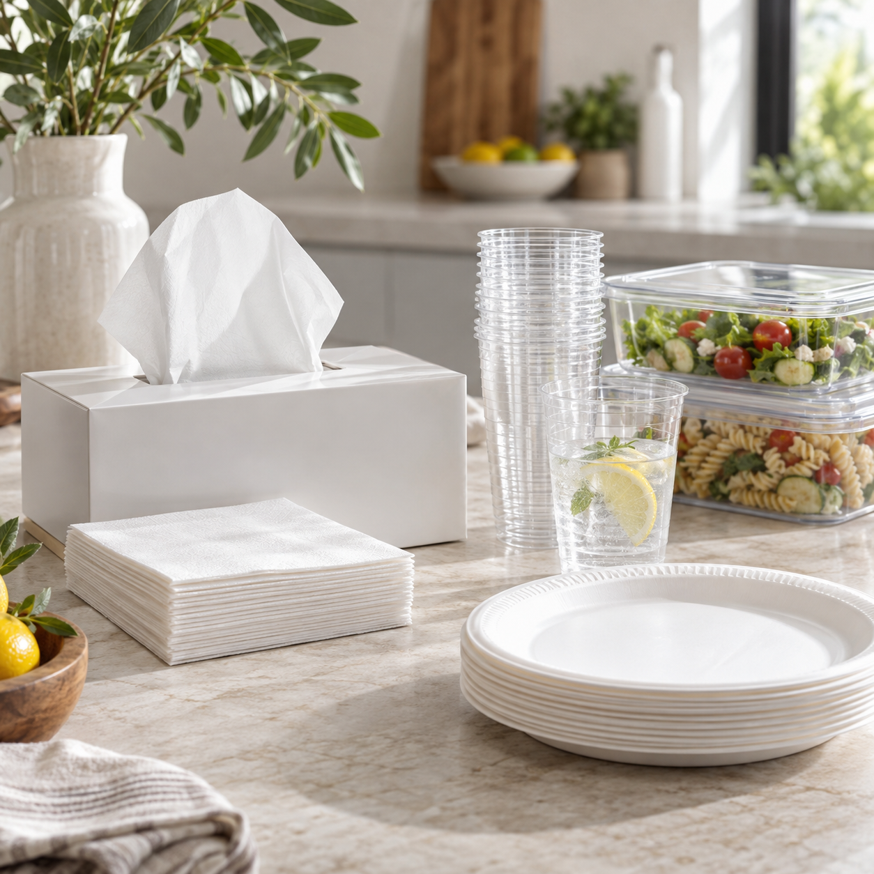 Tissue box, cups, plates and clear food containers