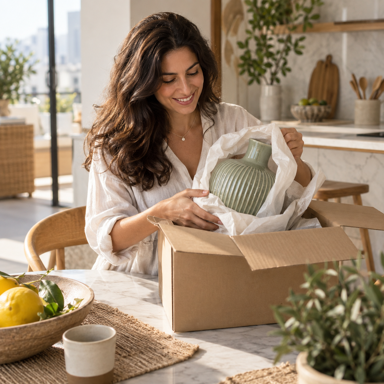 Woman unwrapping a sage vase from a delivery box