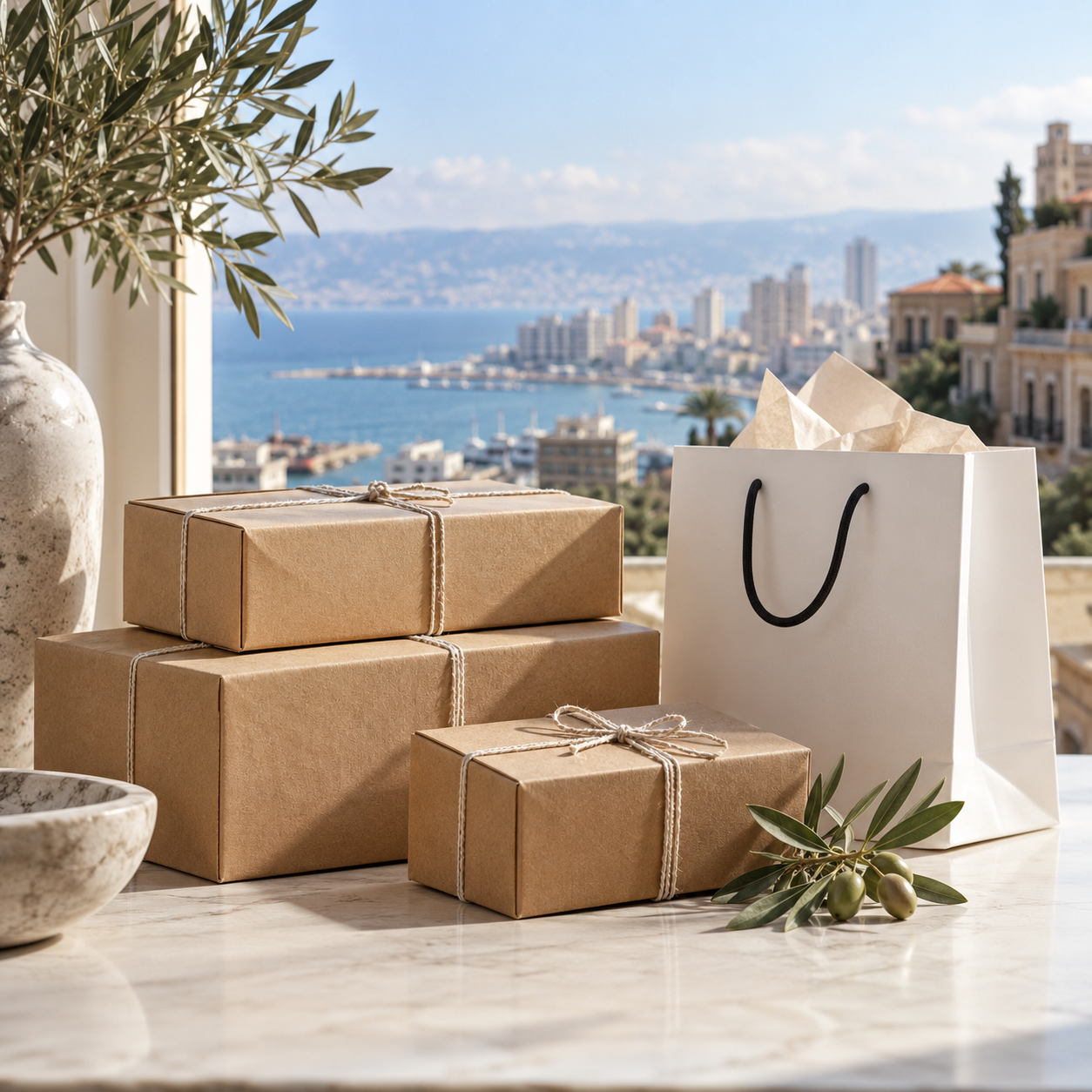 Parcels and a white shopping bag beside a coastal view