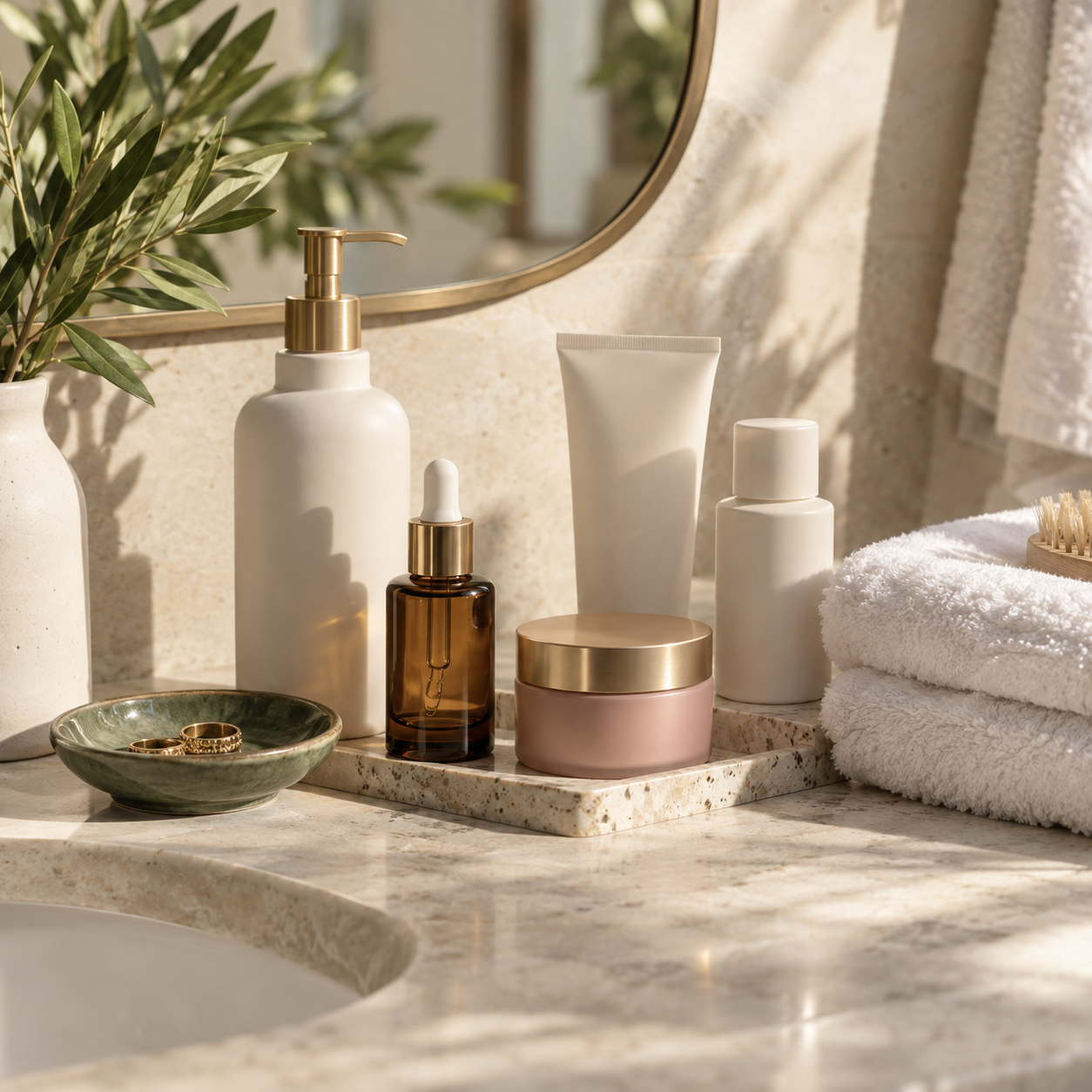 Skincare products on a sunlit bathroom vanity