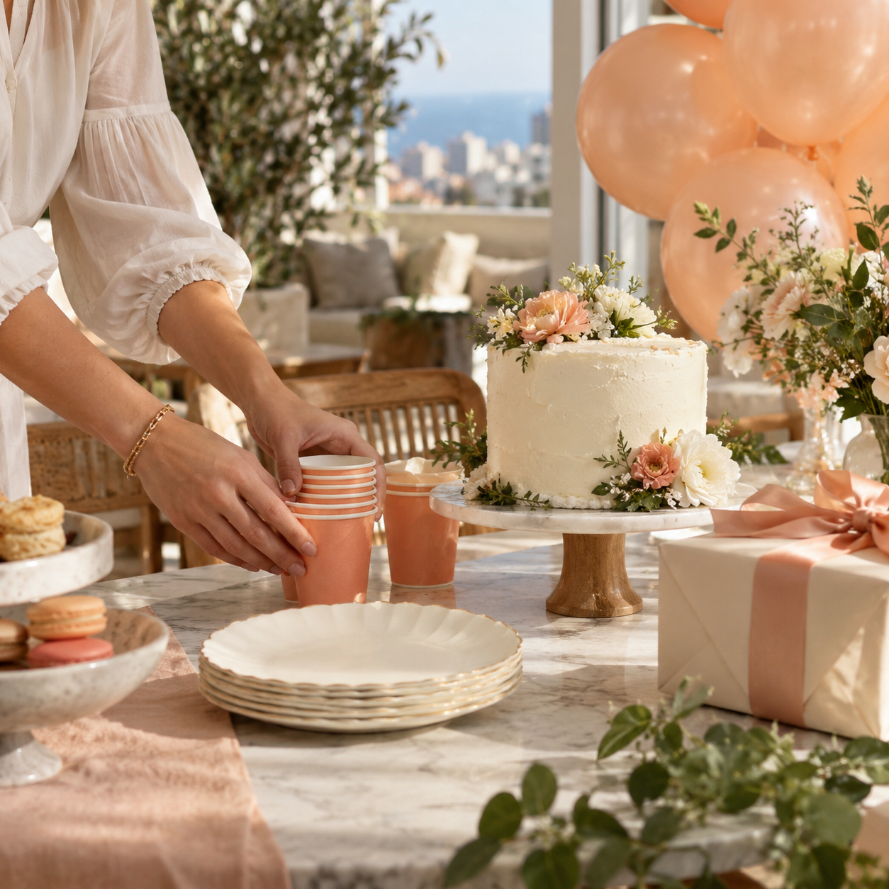 Hands arranging cups beside a cake and peach balloons